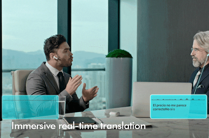 2 men using WT2 Edge Translator Earbuds for an two-way simultaneous interpretation